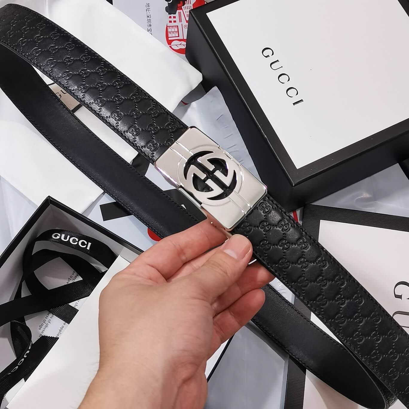 gu belt cowhide leather black silver buckle wide 3 5cm automatic buckle