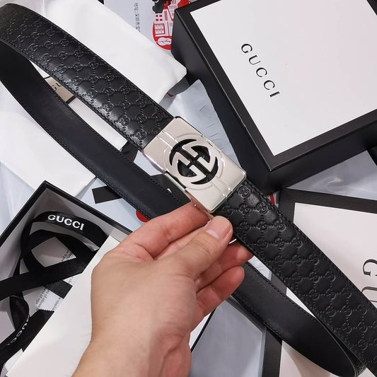 gu belt cowhide leather black silver buckle wide 3 5cm automatic buckle