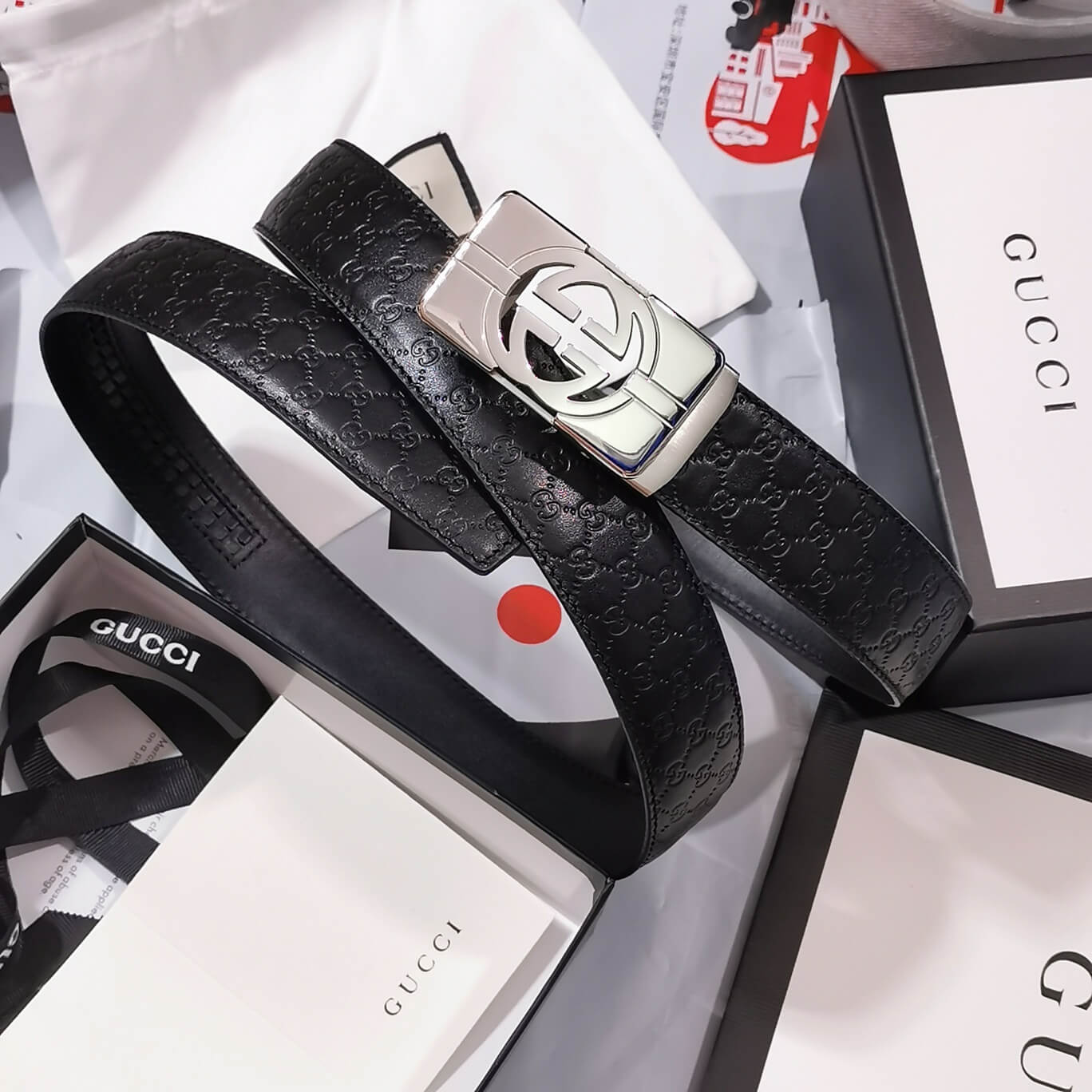 gu belt cowhide leather black silver buckle wide 3 5cm automatic buckle