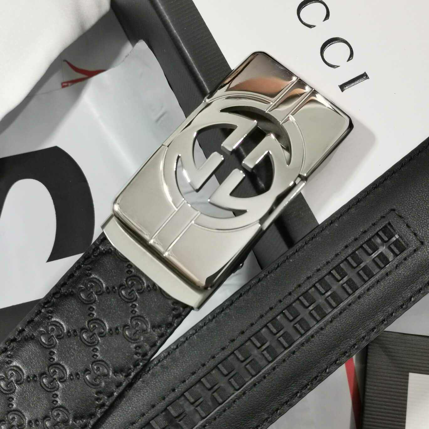 gu belt cowhide leather black silver buckle wide 3 5cm automatic buckle