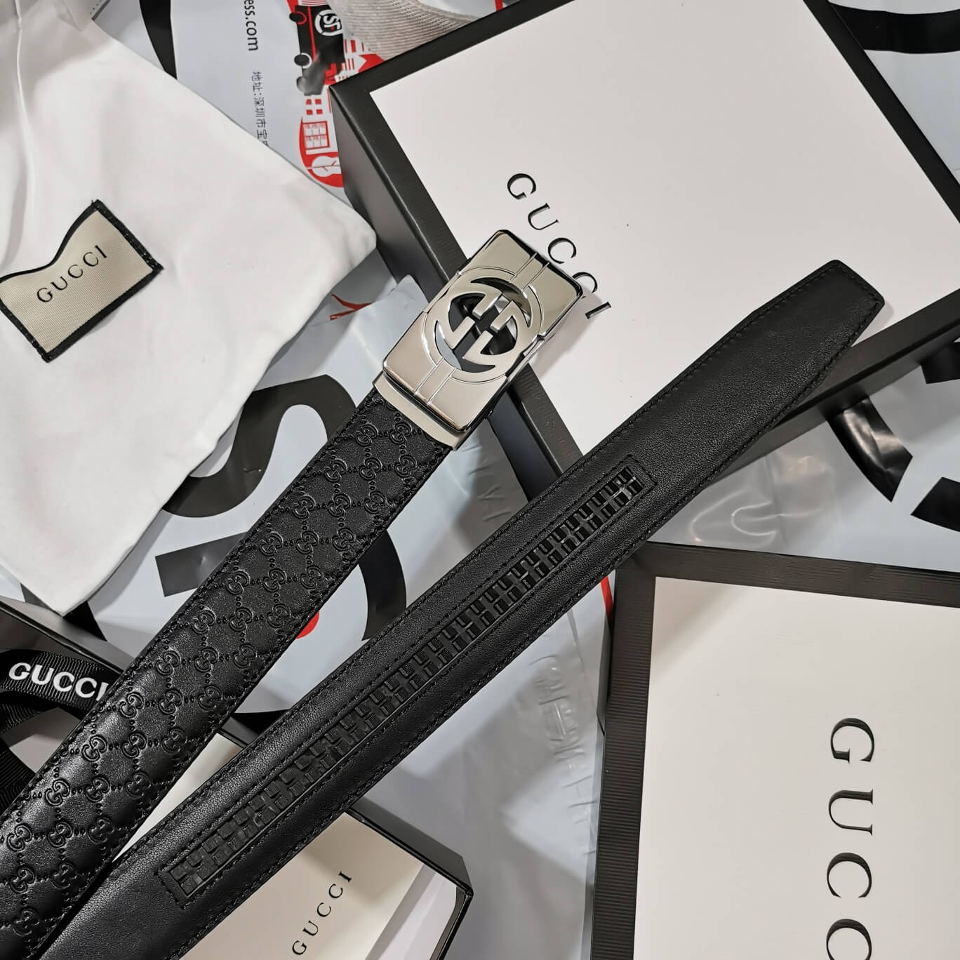 gu belt cowhide leather black silver buckle wide 3 5cm automatic buckle