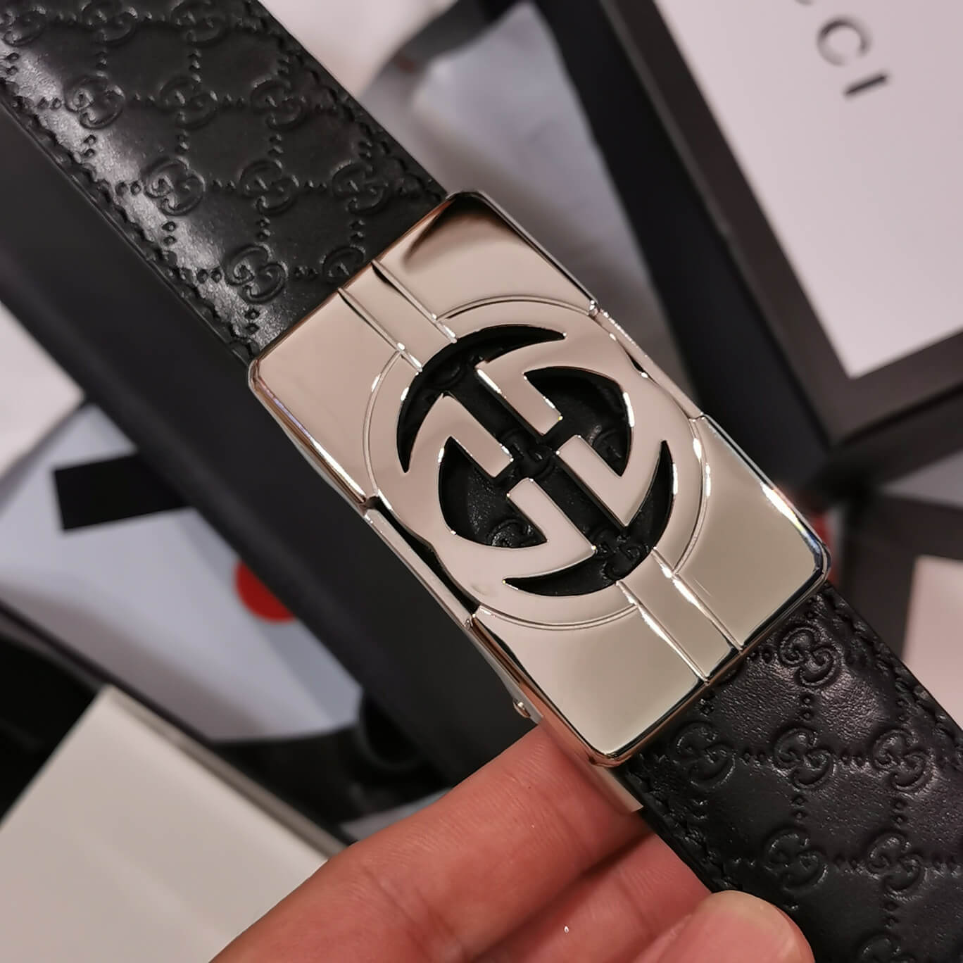 gu belt cowhide leather black silver buckle wide 3 5cm automatic buckle