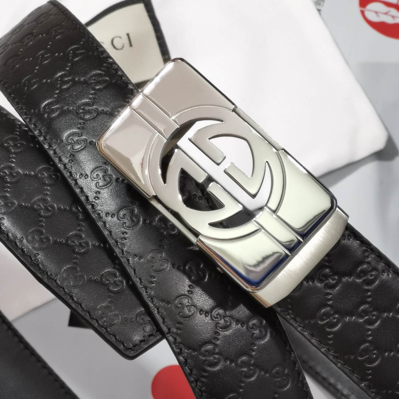 gu belt cowhide leather black silver buckle wide 3 5cm automatic buckle