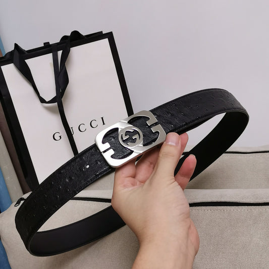 gu belt cowhide leather black silver buckle wide 3 5cm automatic buckle 1
