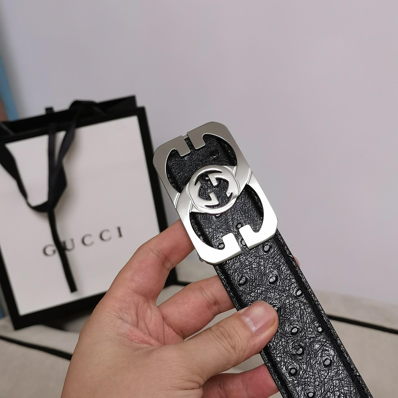 gu belt cowhide leather black silver buckle wide 3 5cm automatic buckle 1