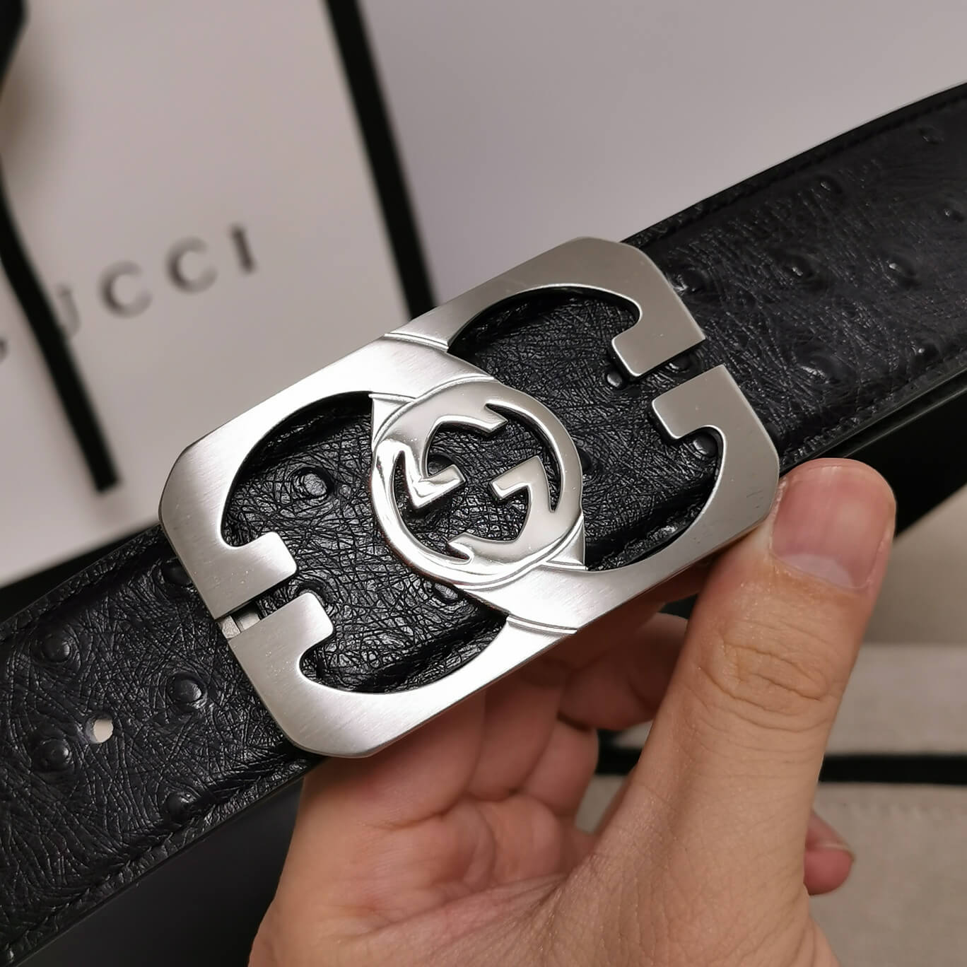 gu belt cowhide leather black silver buckle wide 3 5cm automatic buckle 1