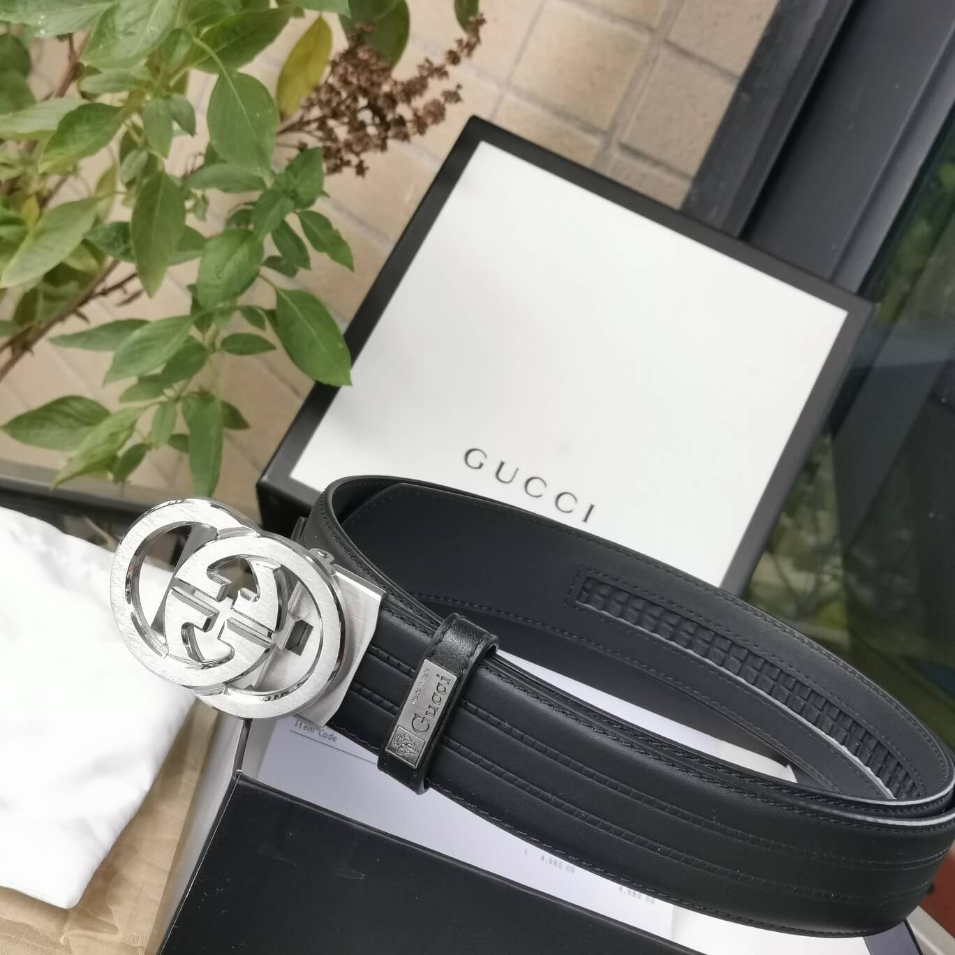gu belt cowhide leather blue silver buckle wide 3 4cm automatic buckle 1