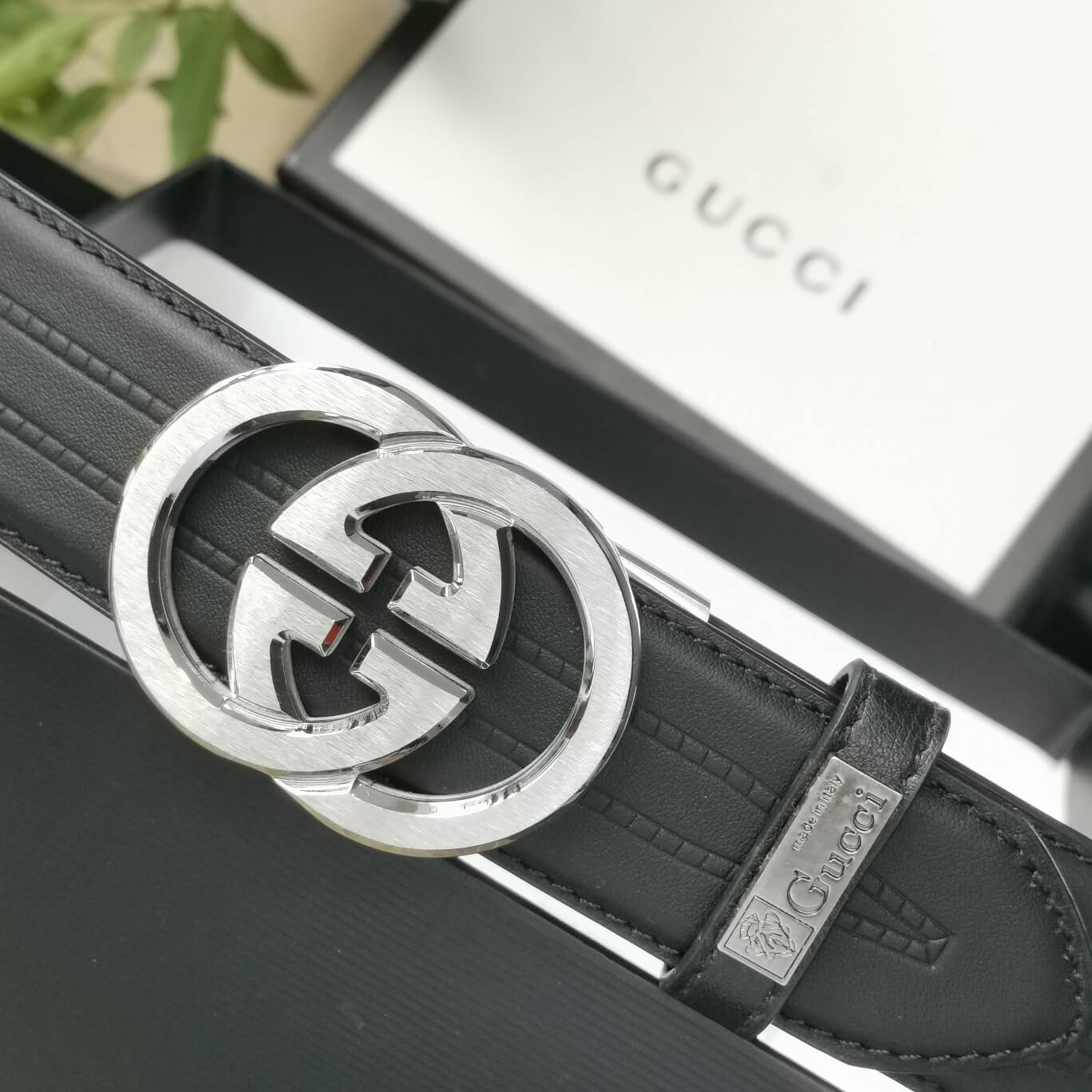 gu belt cowhide leather blue silver buckle wide 3 4cm automatic buckle 1