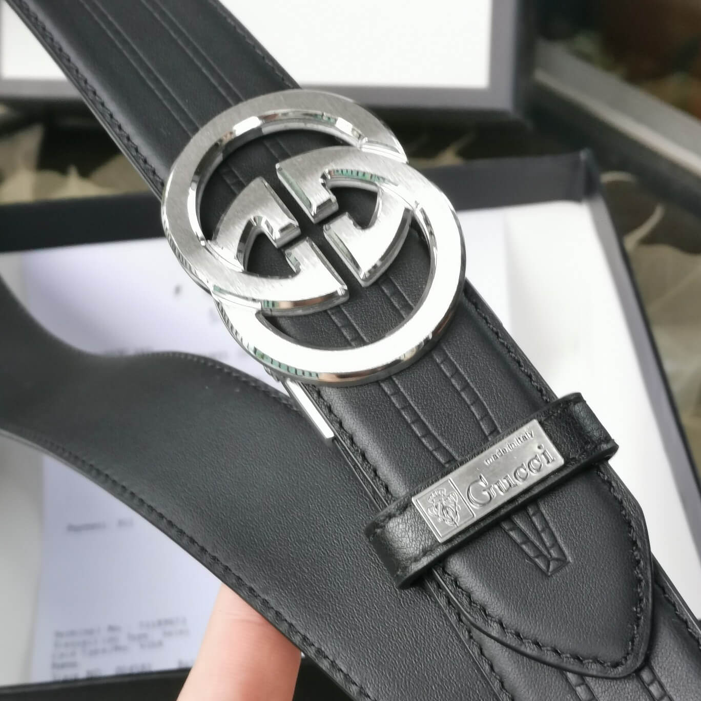 gu belt cowhide leather blue silver buckle wide 3 4cm automatic buckle 1