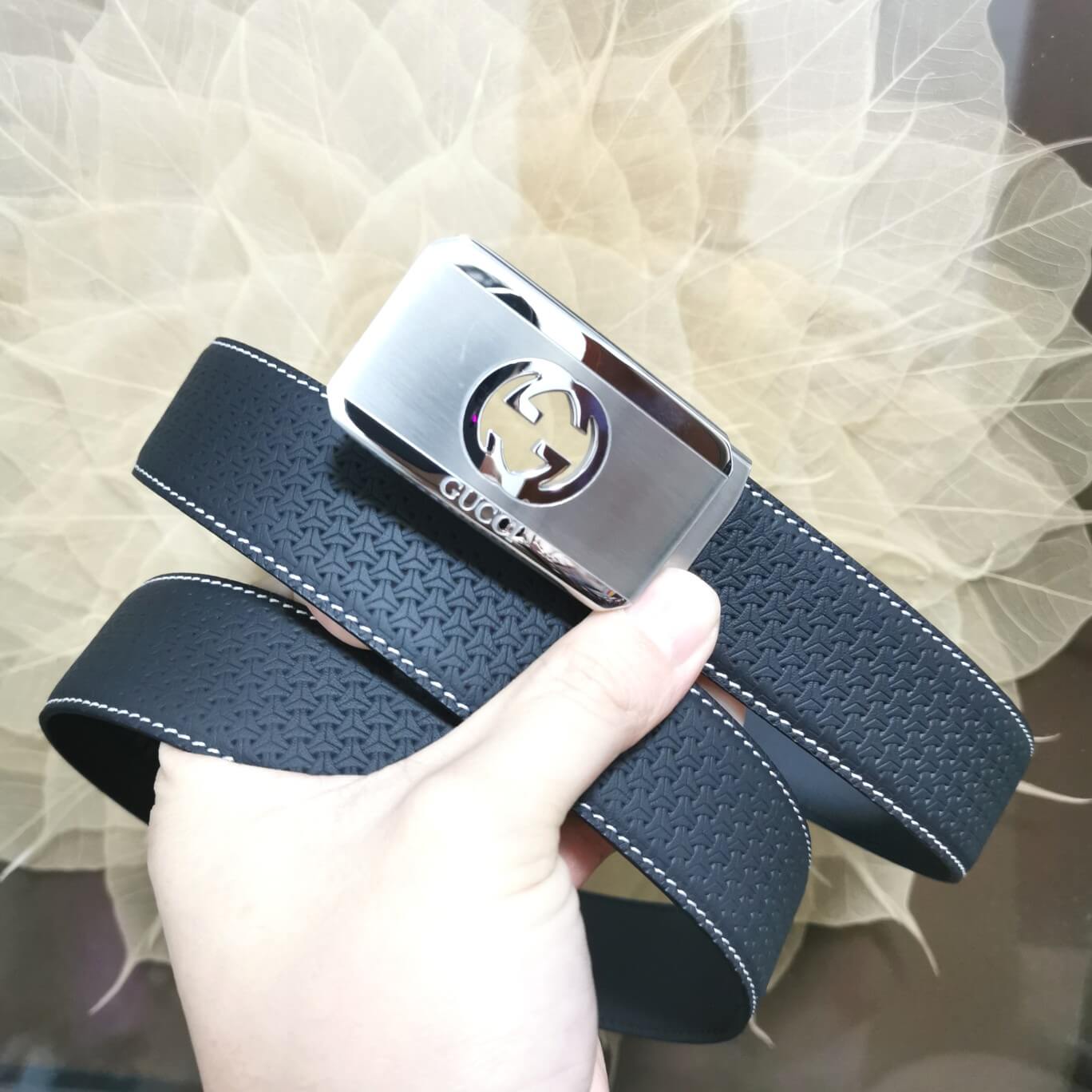 gu belt cowhide leather blue silver buckle wide 3 4cm automatic buckle
