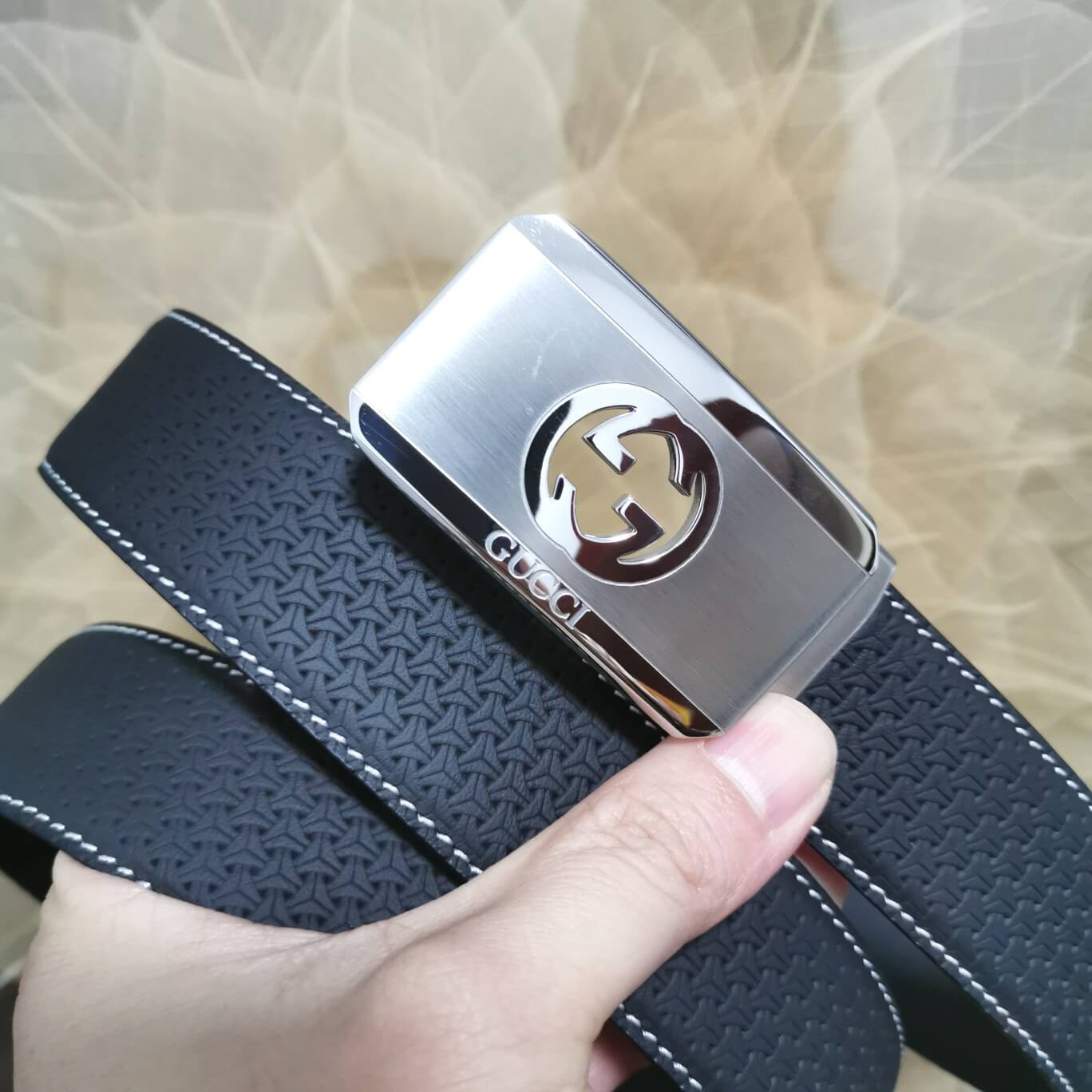 gu belt cowhide leather blue silver buckle wide 3 4cm automatic buckle