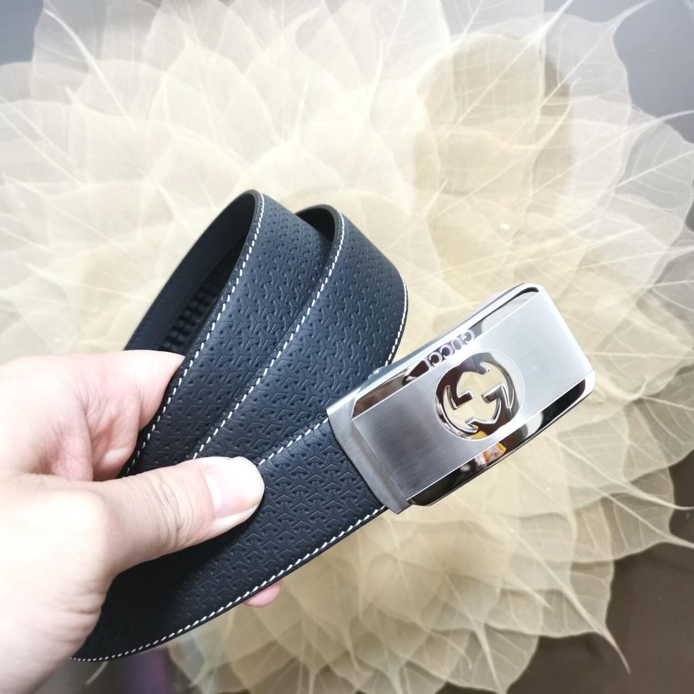 gu belt cowhide leather blue silver buckle wide 3 4cm automatic buckle