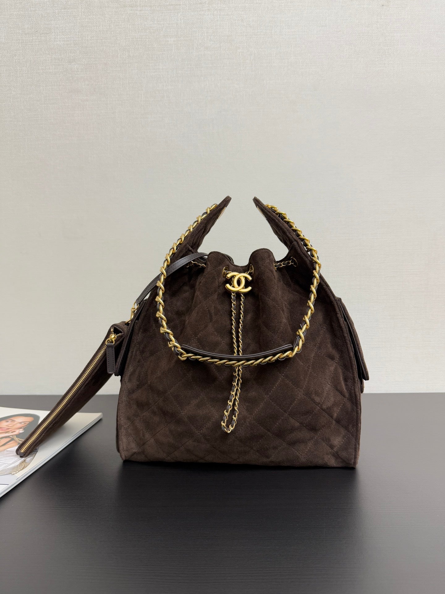 Chanel 25kHOBO Bag Dark Brown Suede Leather 40cm YL15930