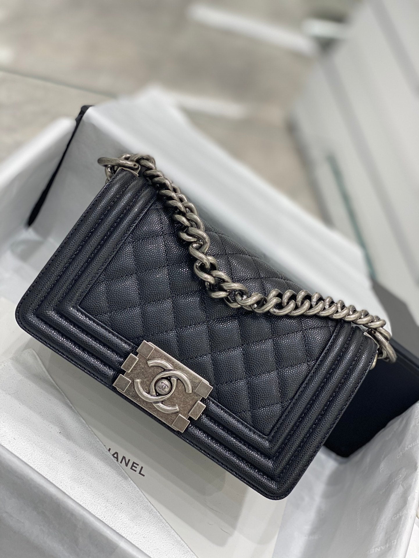 chanel leboy 20cm black caviar leather silver hardware