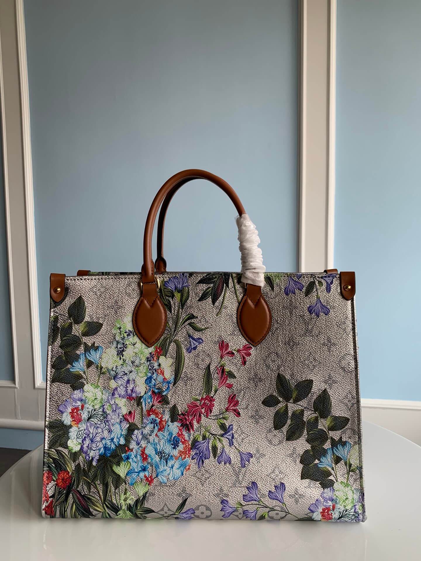 m21233 onthego mm tote bag monogram 35cm grey handbag floral pattern retro and romantic