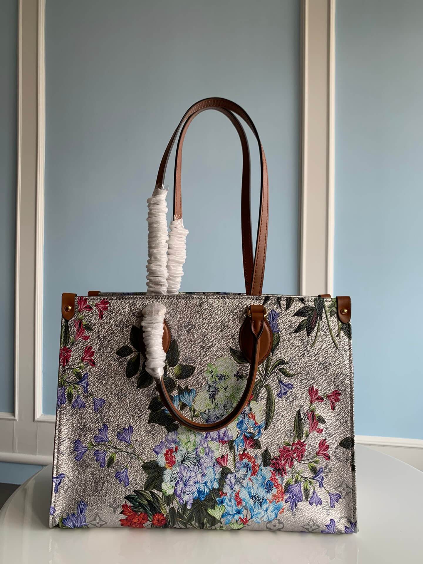 m21233 onthego mm tote bag monogram 35cm grey handbag floral pattern retro and romantic