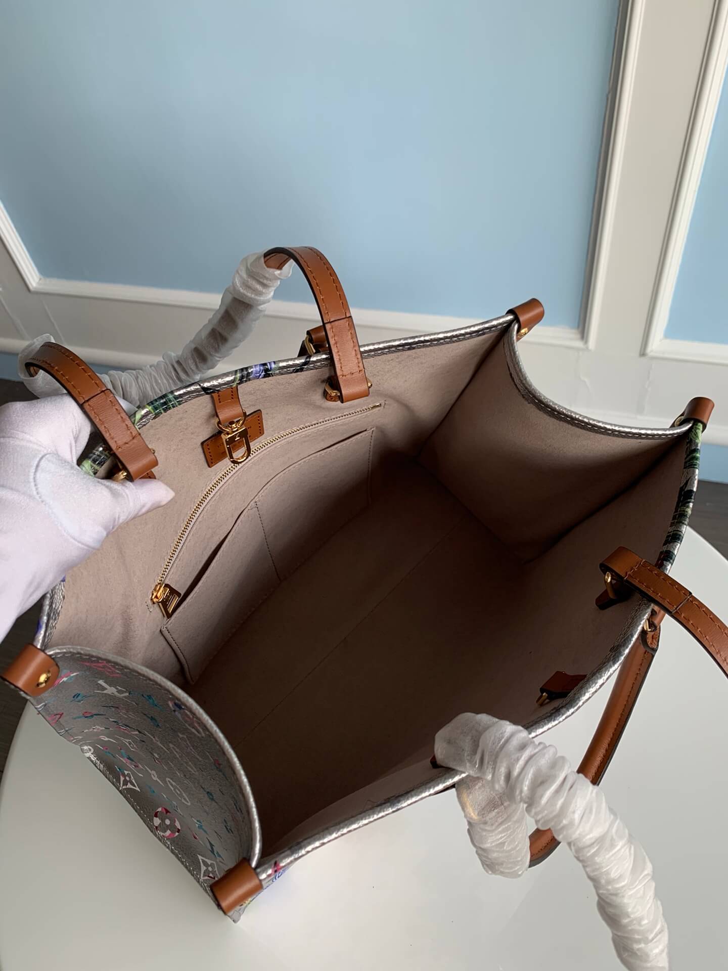 m21233 onthego mm tote bag monogram 35cm grey handbag floral pattern retro and romantic