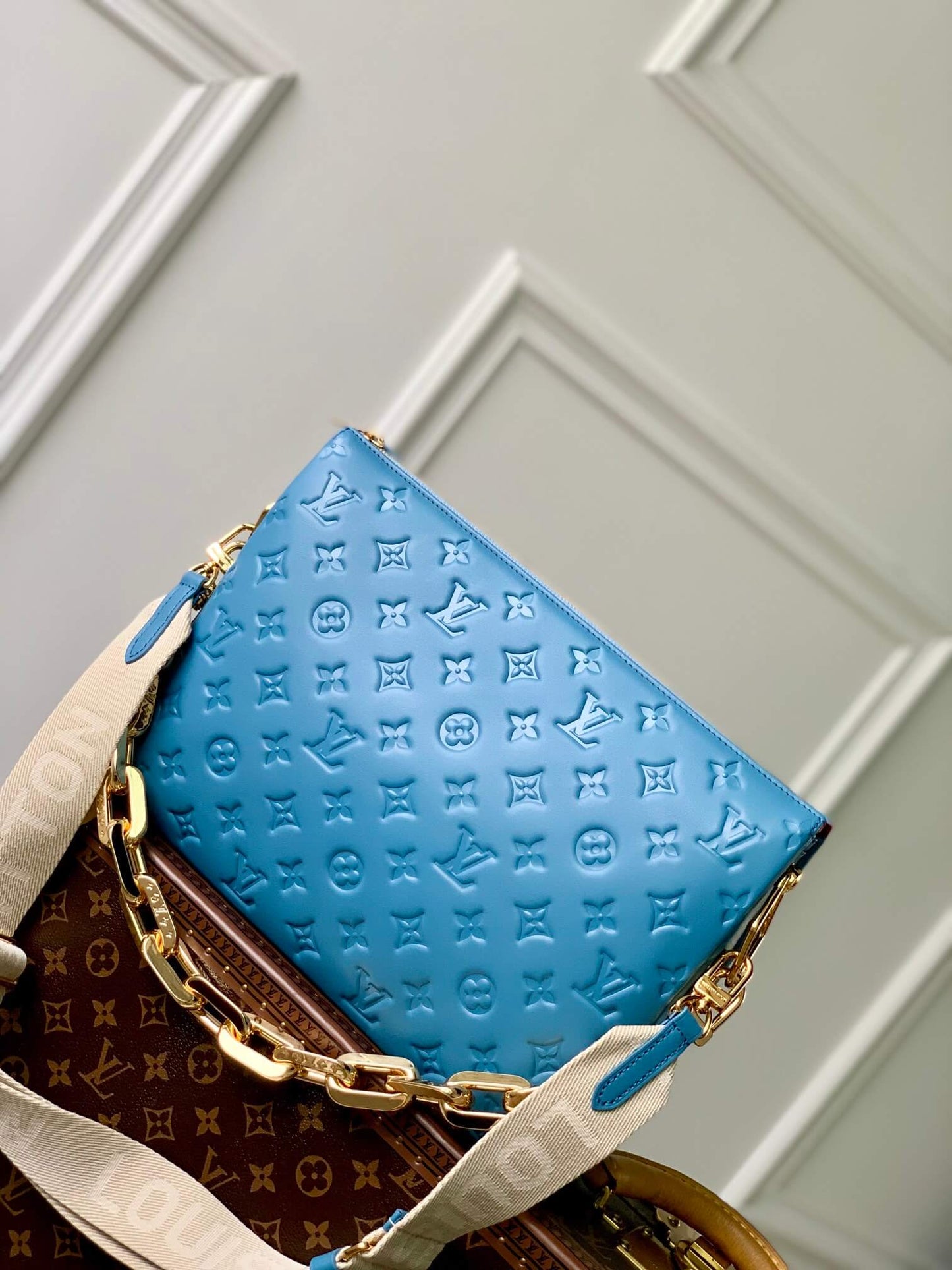 m21650 coussin monogram mm 34cm blue female bag all leather clutch bag shoulder bag cross body bags subaxillary bag