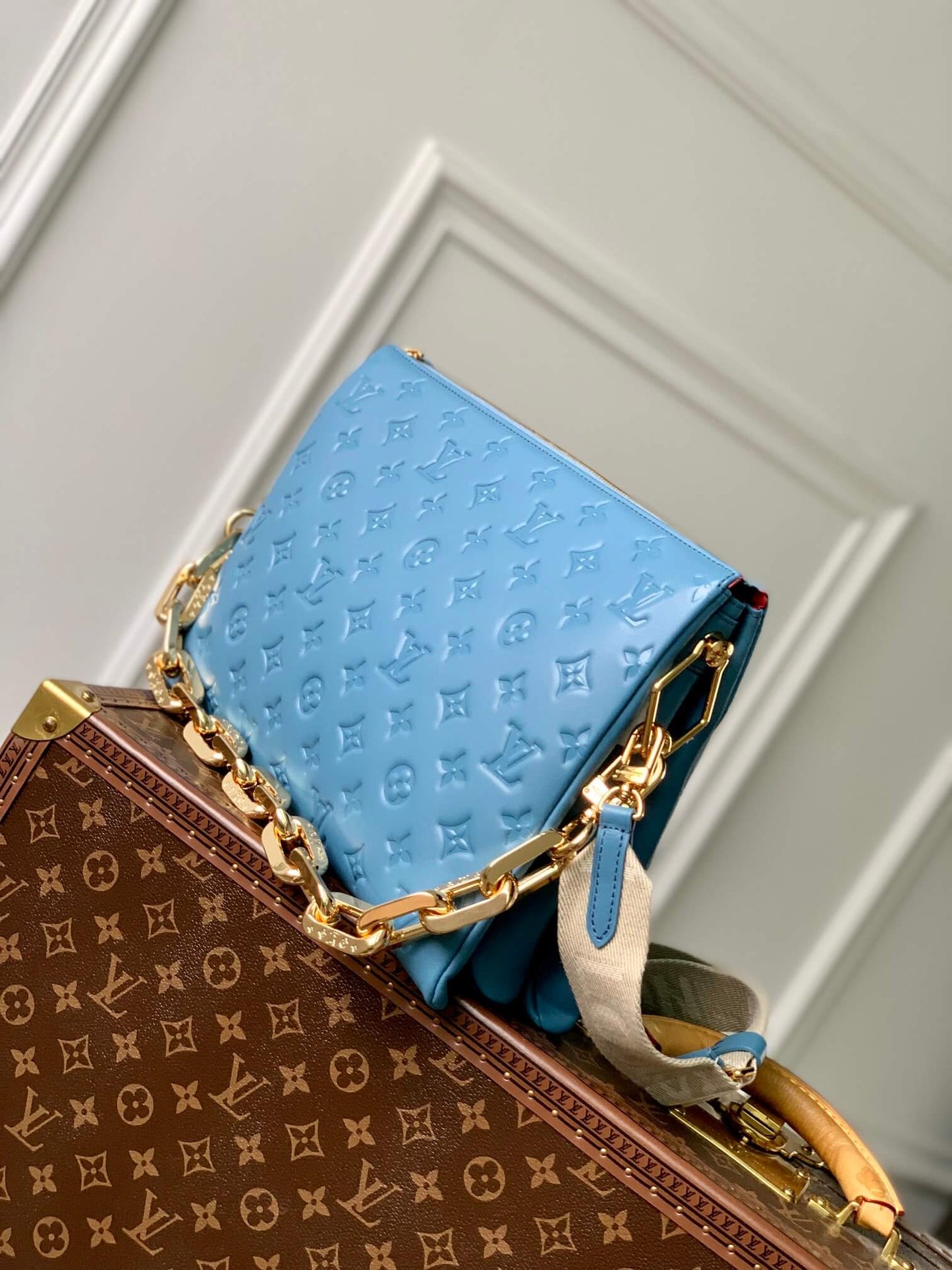 m21650 coussin monogram mm 34cm blue female bag all leather clutch bag shoulder bag cross body bags subaxillary bag
