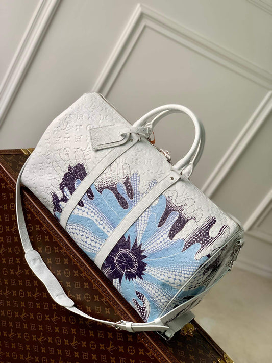 m21678 x yk keepall 50cm travel bag white cowhide real leather lu x yk bandouliere keepall 50