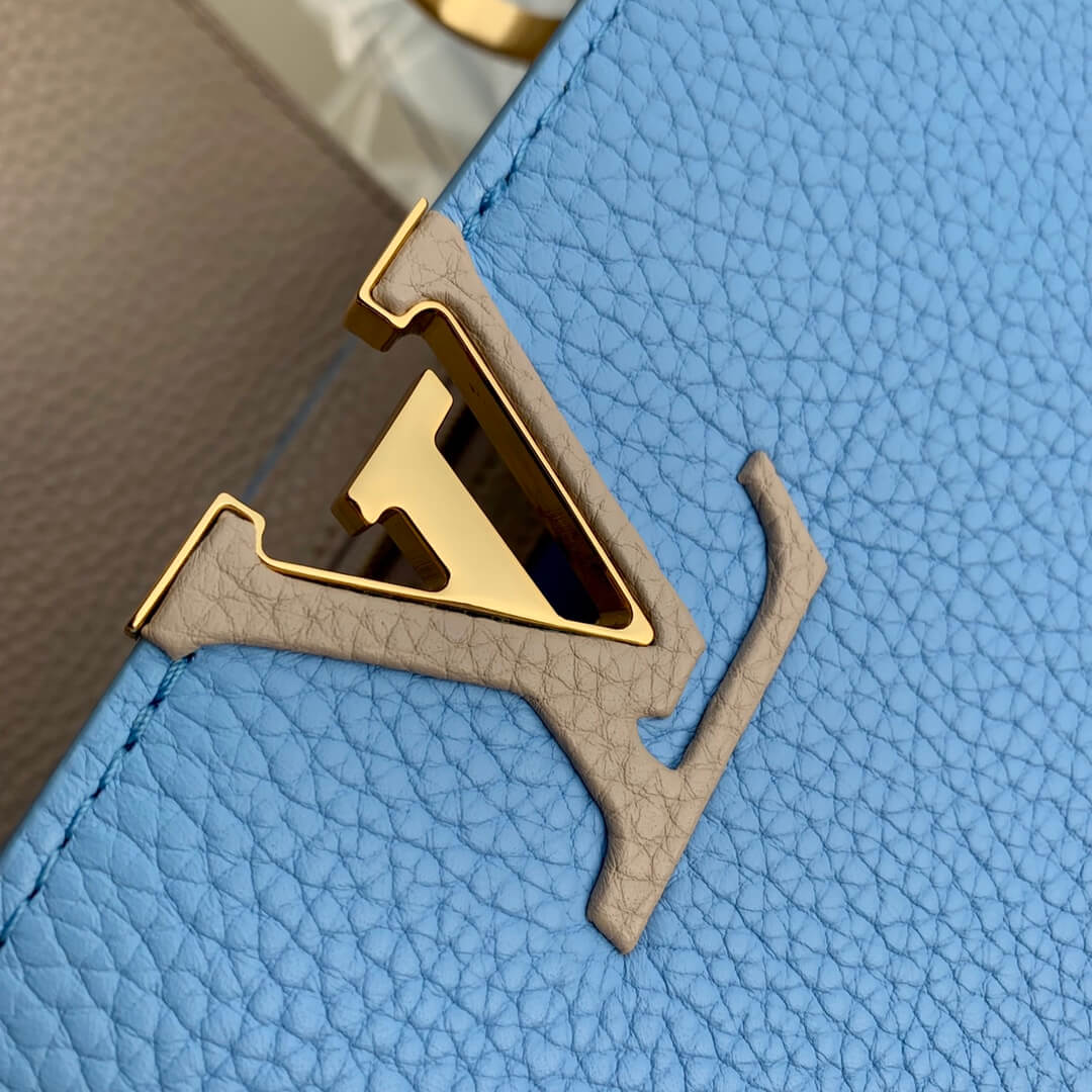 m21689 capucines mini handbag 21cm blue silk texture cowhide