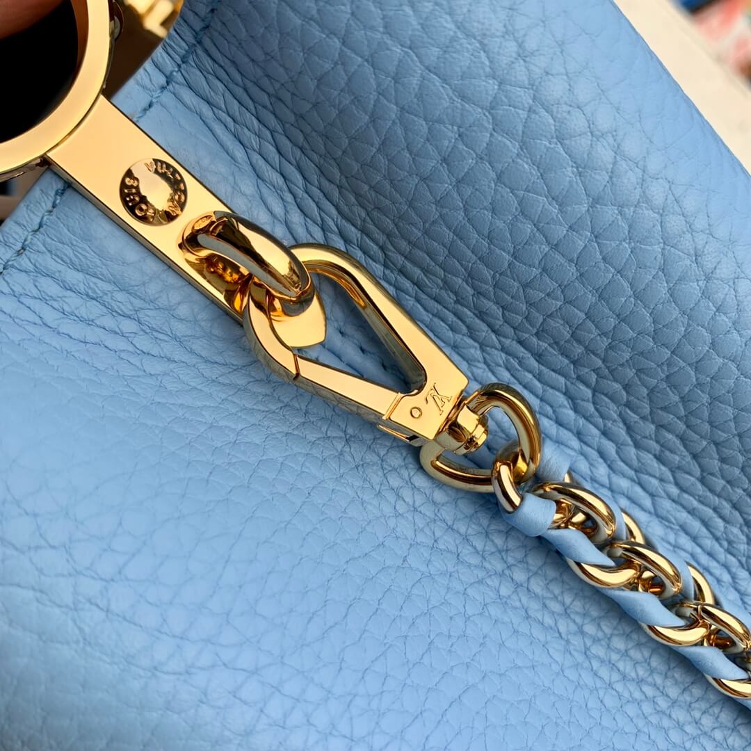 m21689 capucines mini handbag 21cm blue silk texture cowhide