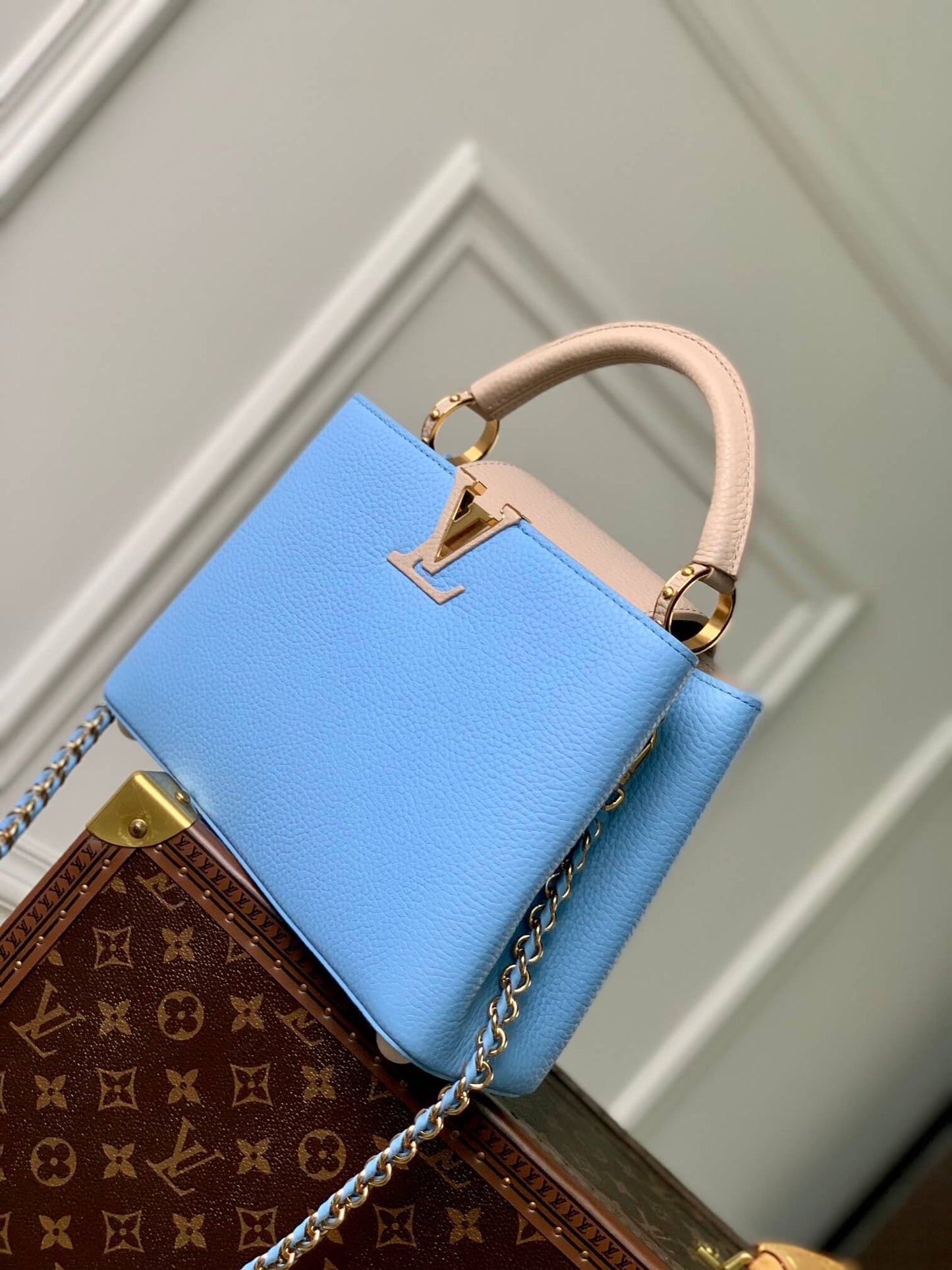 m21689 capucines pm handbag 27cm blue silk texture cowhide shoulder bag cross body bags