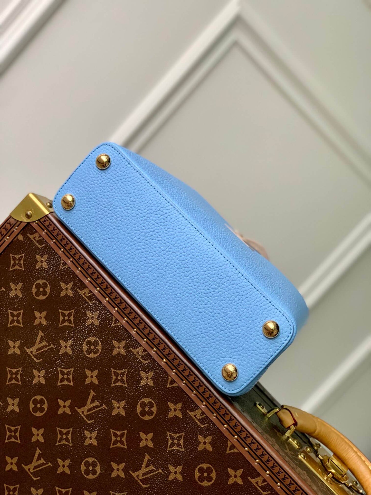 m21689 capucines pm handbag 27cm blue silk texture cowhide shoulder bag cross body bags