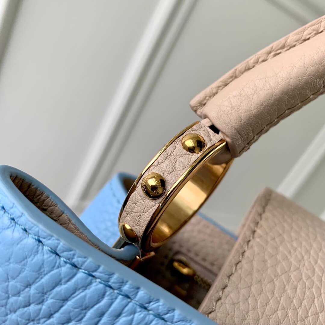 m21689 capucines pm handbag 27cm blue silk texture cowhide shoulder bag cross body bags