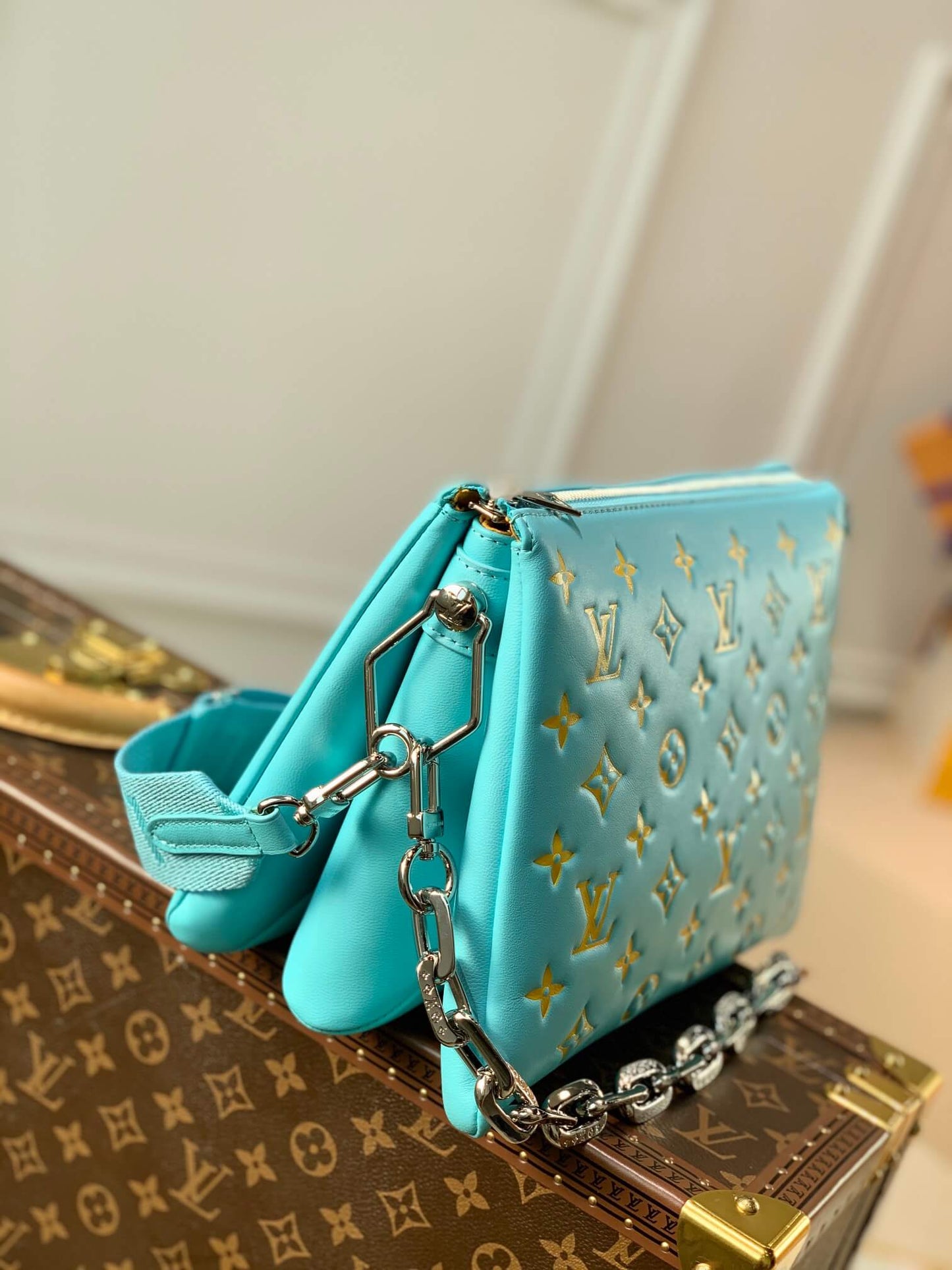 m57793 pochette coussin pm monogram 26cm light blue yellow cowhide leather