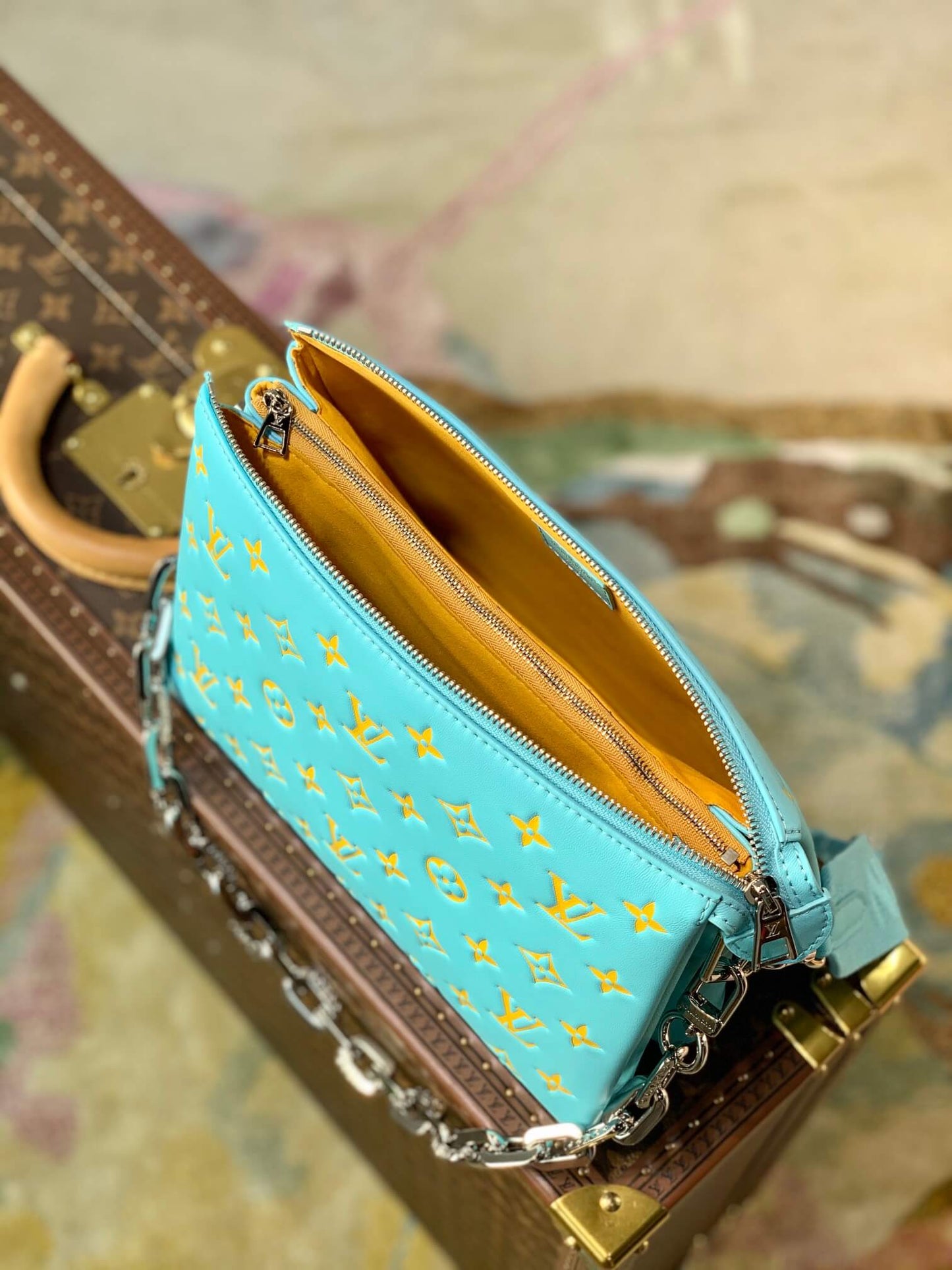 m57793 pochette coussin pm monogram 26cm light blue yellow cowhide leather