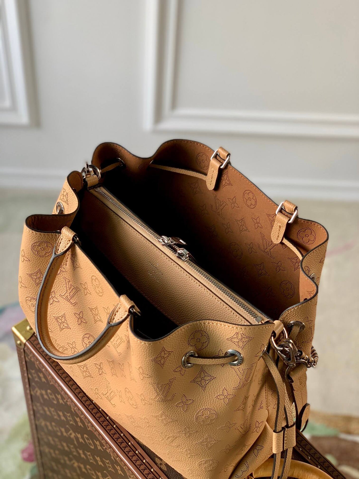 m59655 bella tote monogram 32cm orange yellow soft perforated cowhide shoulder bag cross body bags