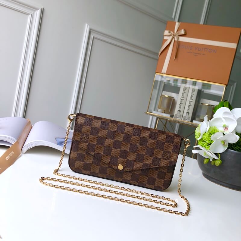 m63032 felicie gm 21cm chain bag damier cowhide real leather