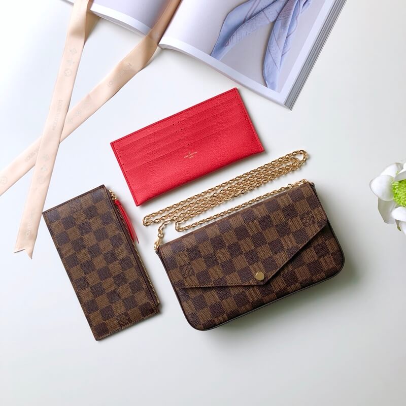 m63032 felicie gm 21cm chain bag damier cowhide real leather