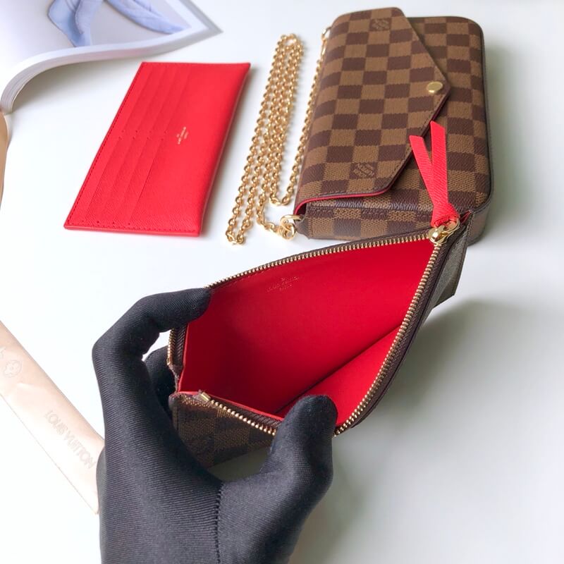 m63032 felicie gm 21cm chain bag damier cowhide real leather