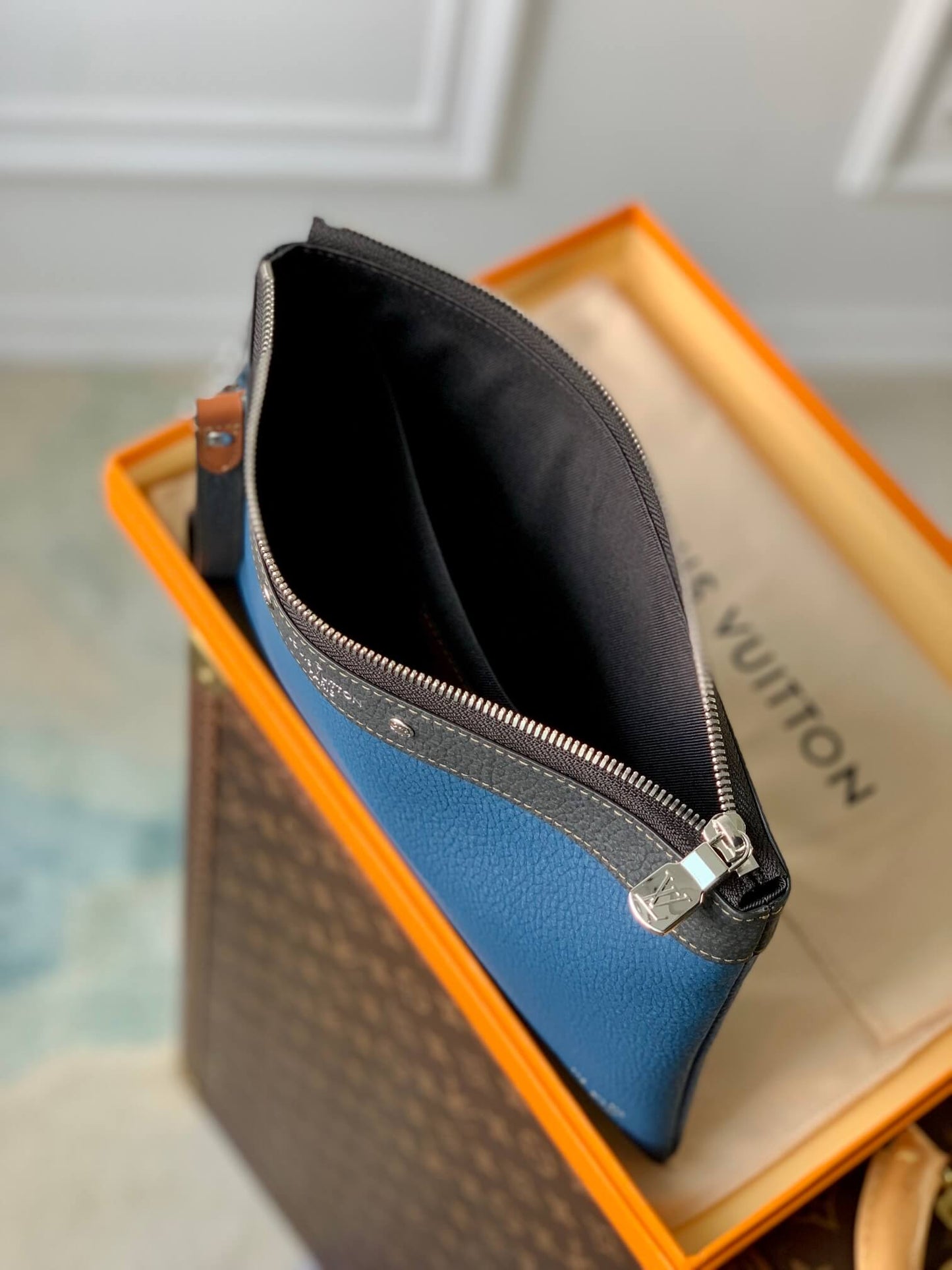 m81781 pochette to go 30cm blue full leather pochette to go taurillon mens bag man bag clutch bag