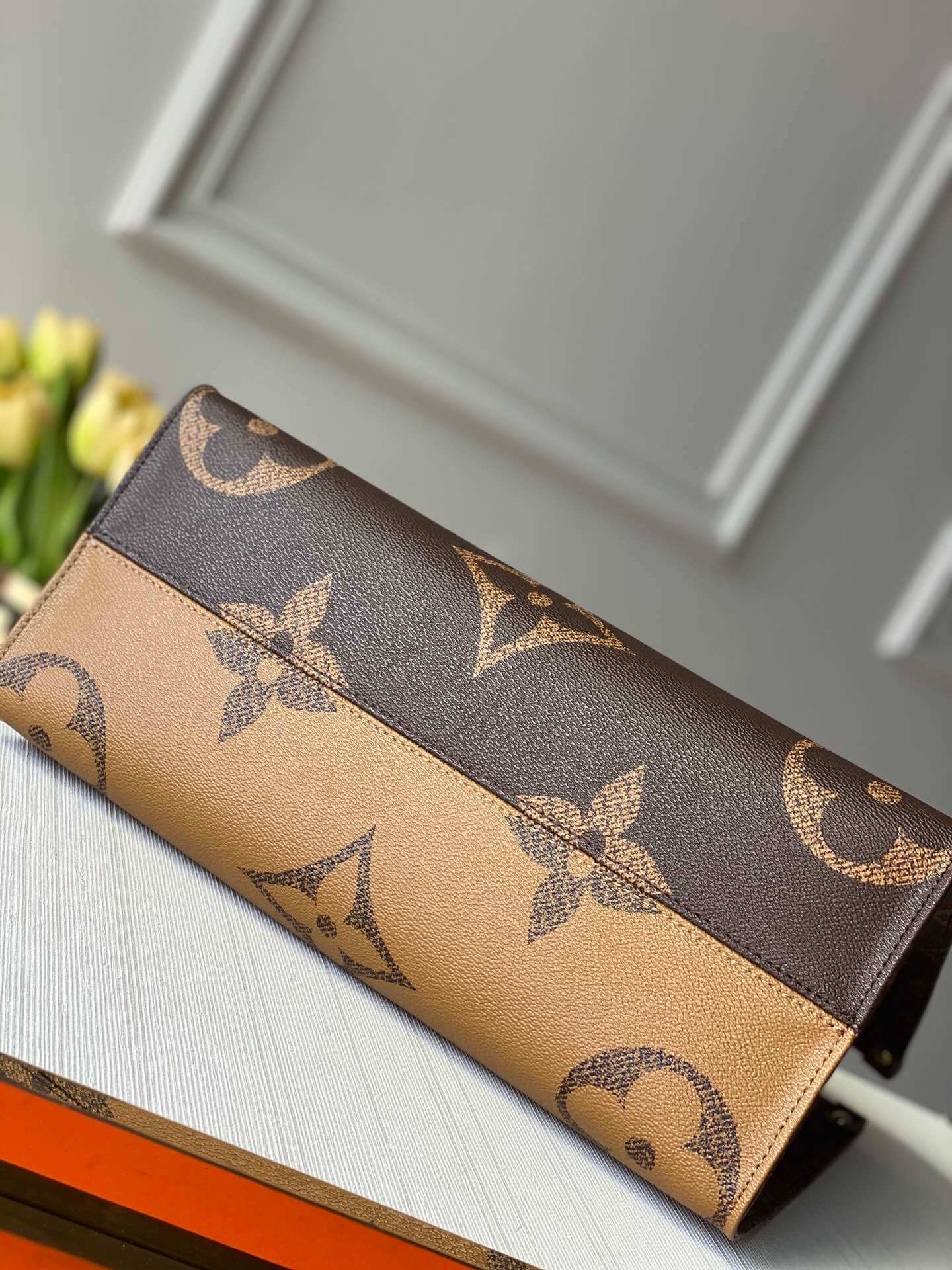 onthego mm tote bag m45321 brown red monogram reverse toron