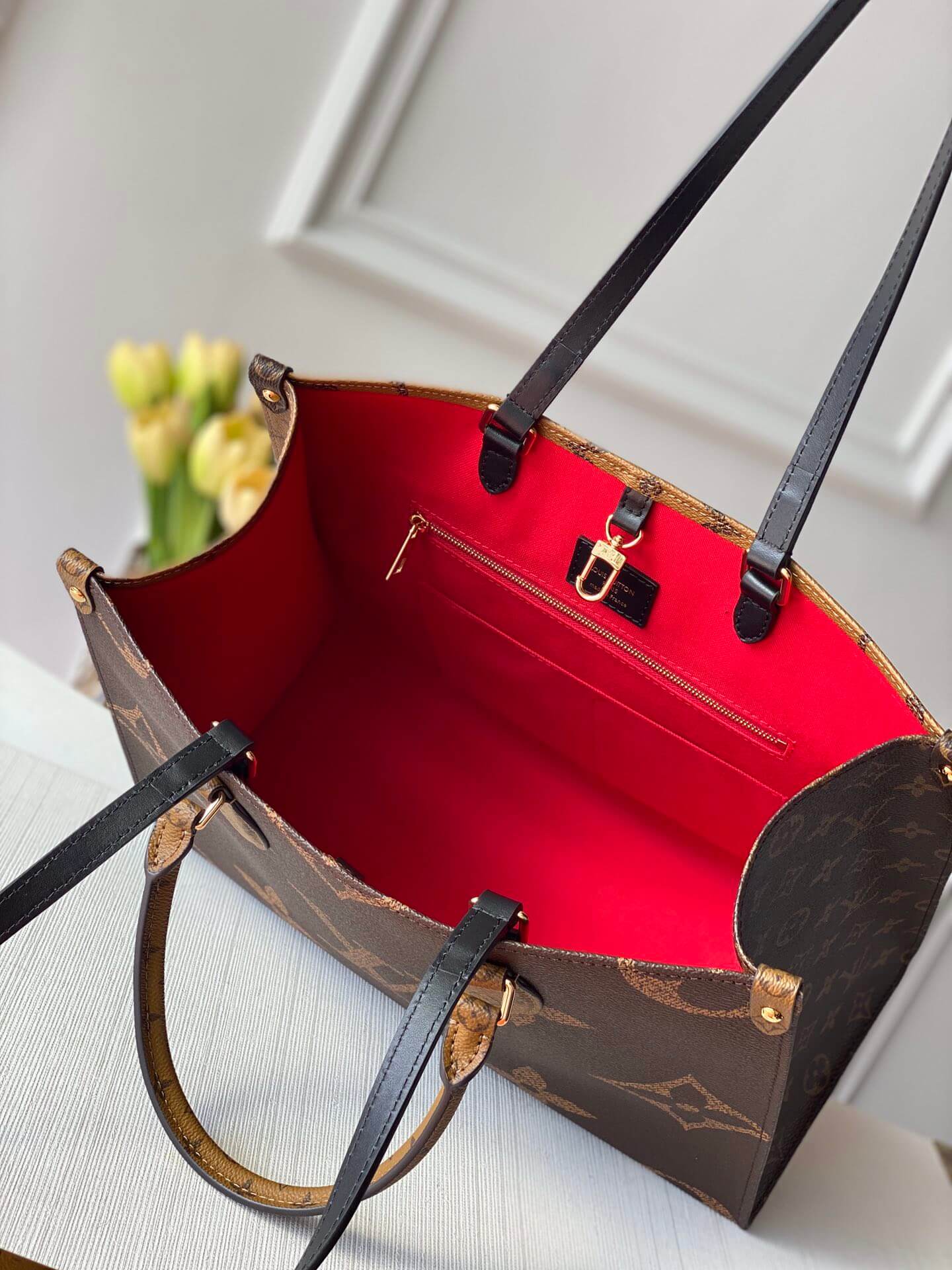 onthego mm tote bag m45321 brown red monogram reverse toron