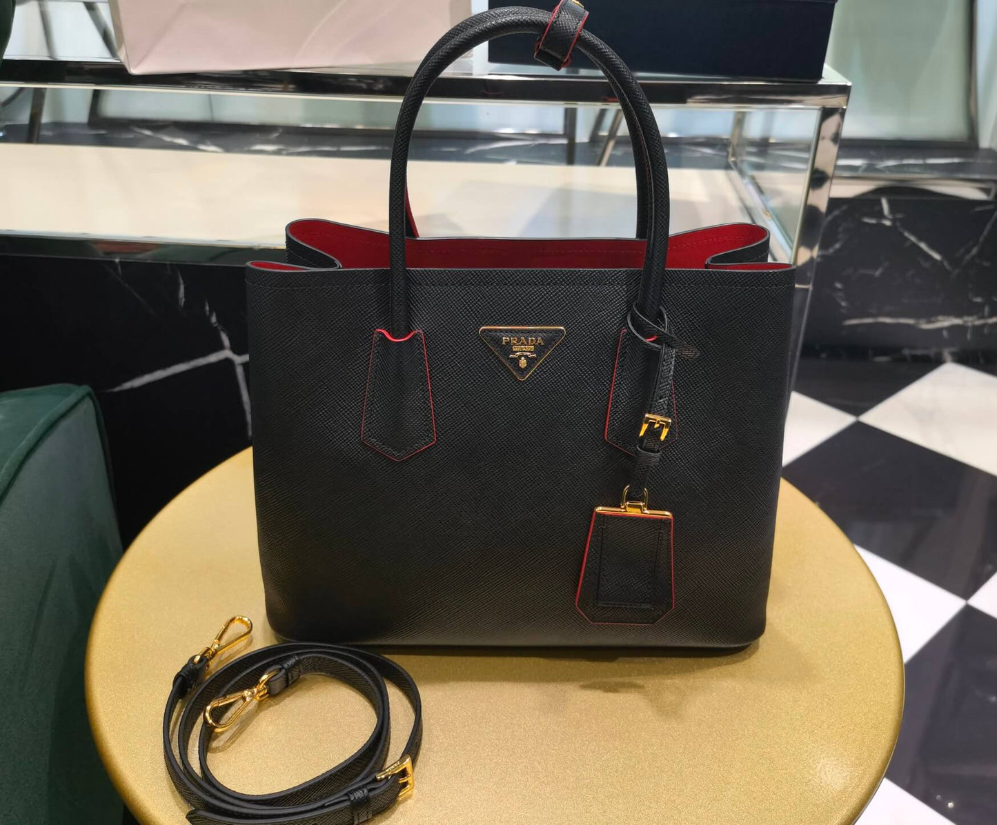 pra 1bg775 double saffiano 33cm black lambskin equipped with double handles detachable shoulder straps and soft sheepskin lining paired with gold accents