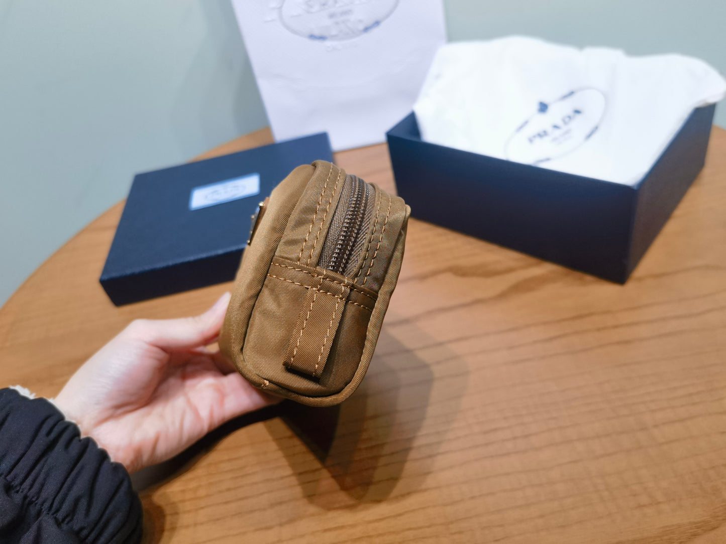 prada New Recycled Nylon Handbag 1NA339 brown gold