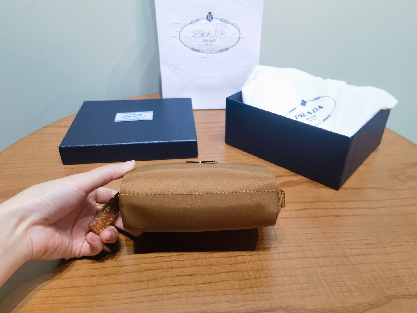 prada New Recycled Nylon Handbag 1NA339 brown gold