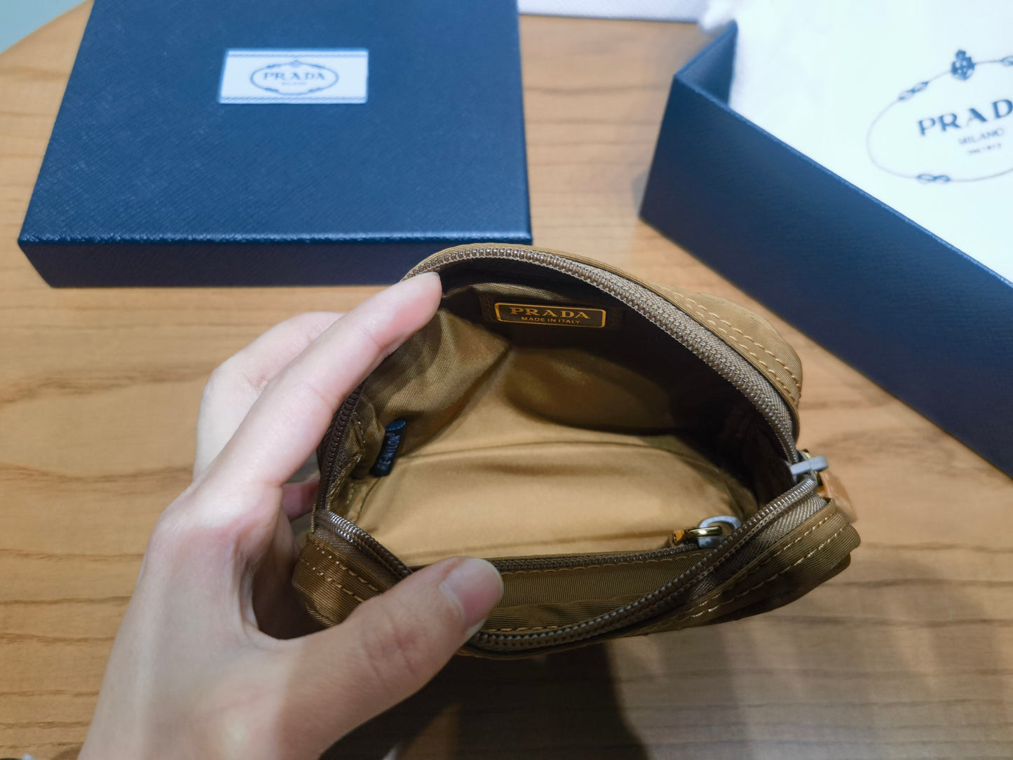 prada New Recycled Nylon Handbag 1NA339 brown gold