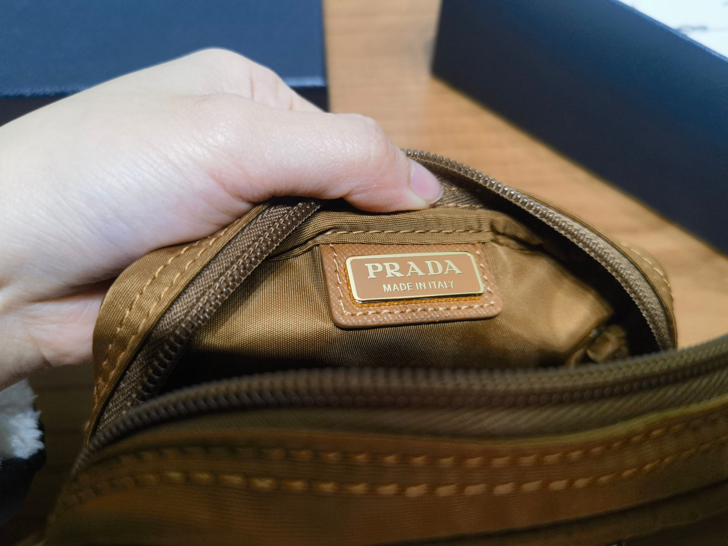 prada New Recycled Nylon Handbag 1NA339 brown gold