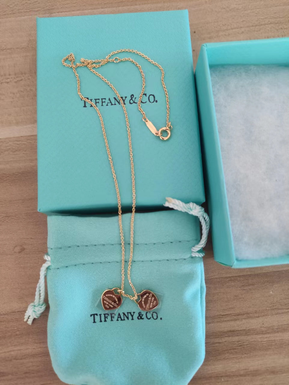 Tiffany Double Heart Tag Pendant Necklaces Yellow Gold Mini TF24040301