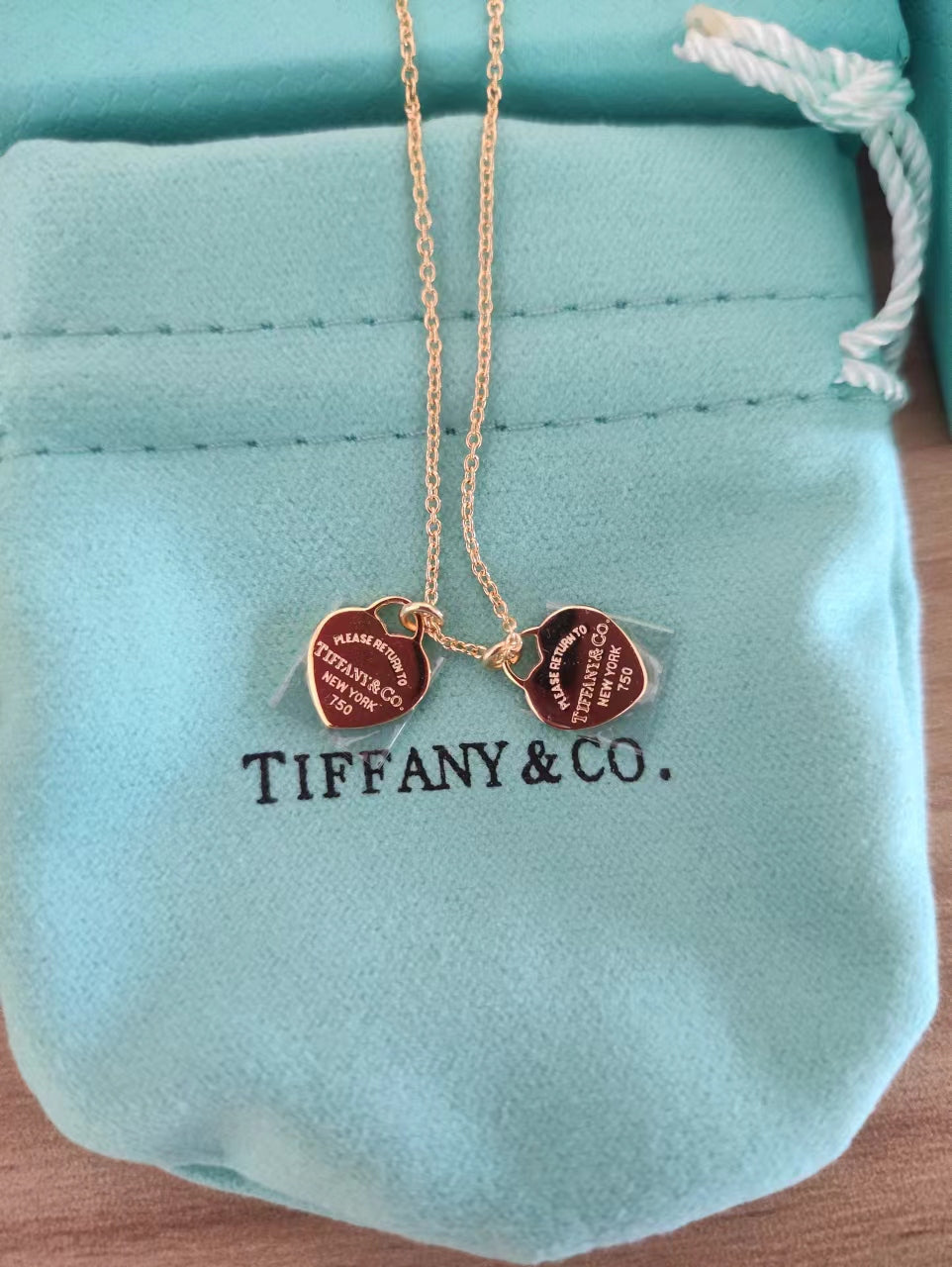 Tiffany Double Heart Tag Pendant Necklaces Yellow Gold Mini TF24040301