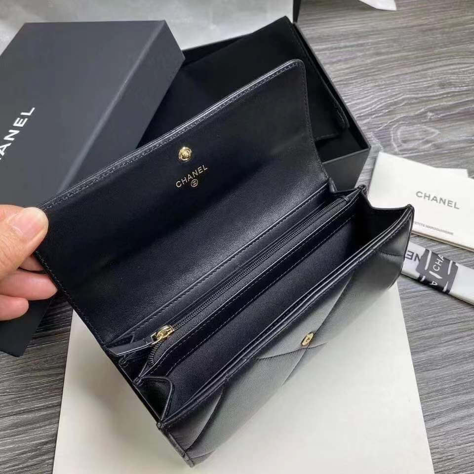 cha 22112801 black long chanel 19 wallet lambskin leather