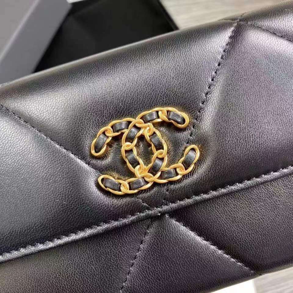 cha 22112801 black long chanel 19 wallet lambskin leather