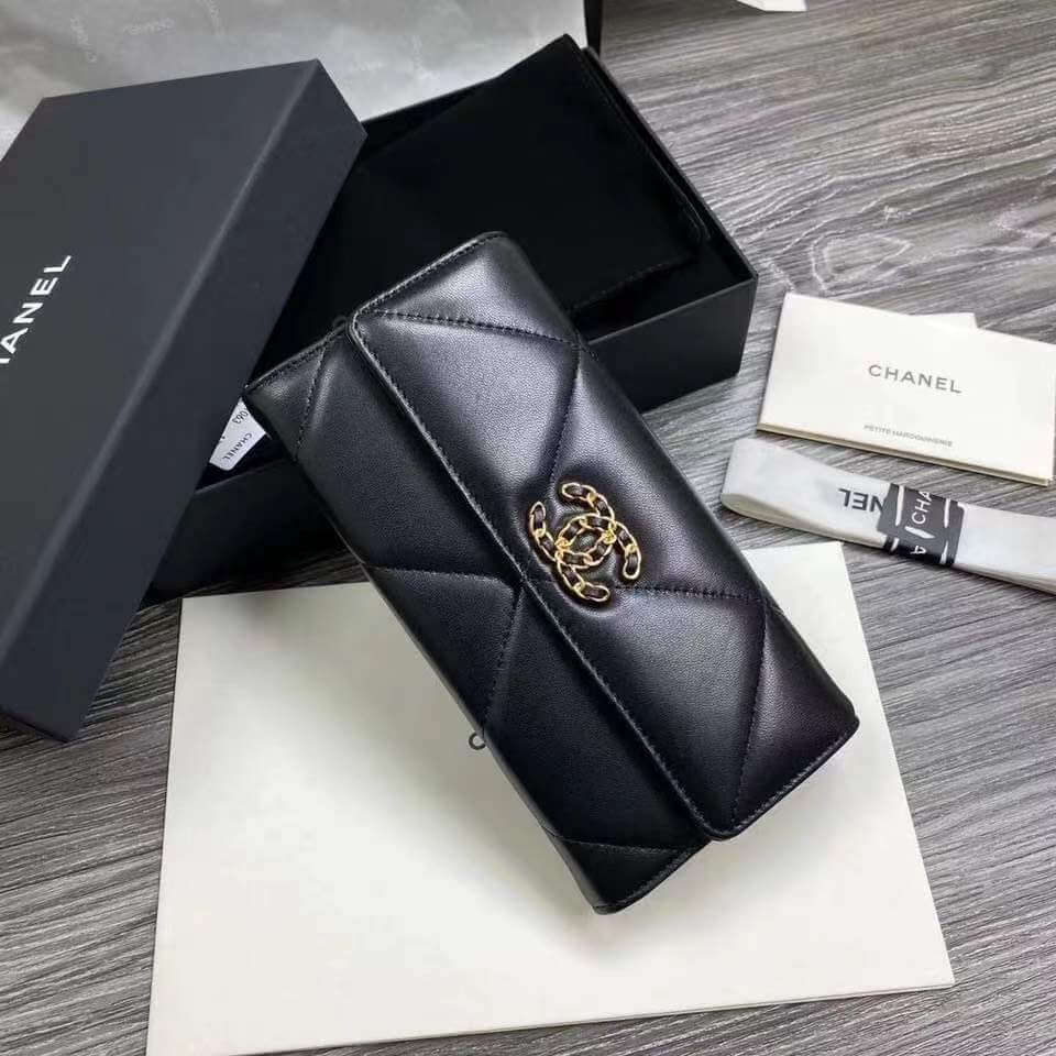 cha 22112801 black long chanel 19 wallet lambskin leather