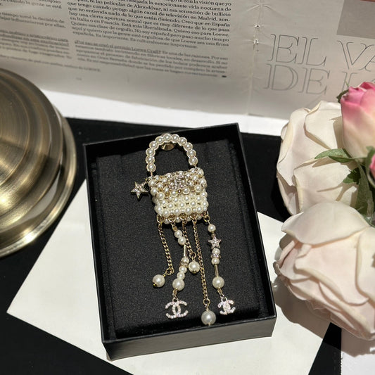 pearl bag tassel star silver chain brooch xzc1