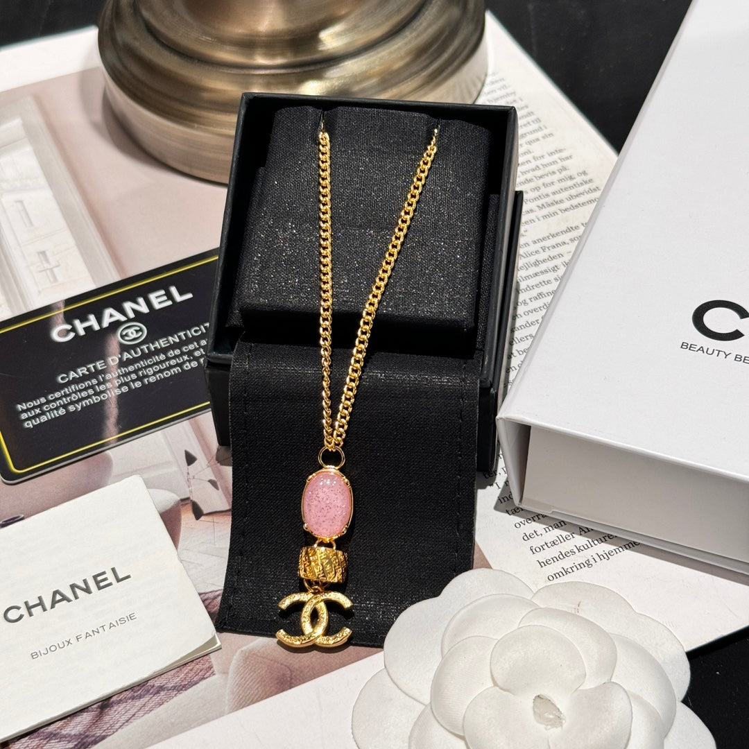 Chanel's New Fashionable Pink Gemstone Letter Necklace XLC55